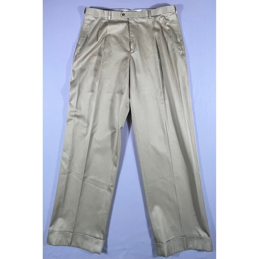 Savane Men's 42x30 Pleated Dress Pants Antelope Tan Wrinkle‎ Free Cotton Cuffed - Picture 2 of 10